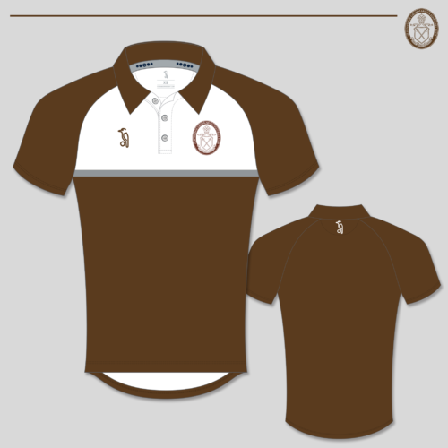 Chocolate brown polo shirt with white collar and sleeve trims. Features a thin grey stripe across the chest. The Old Ivanhoe Football Club crest is on the left chest and Kookaburra logo on the right.