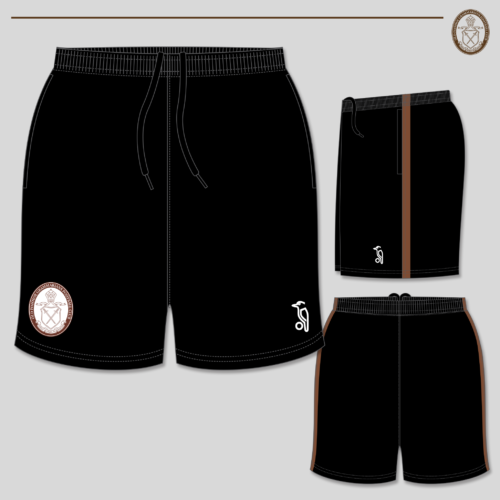 Black athletic shorts with a vertical brown stripe on the side leg. Old Ivanhoe Football Club logo printed on the right thigh.