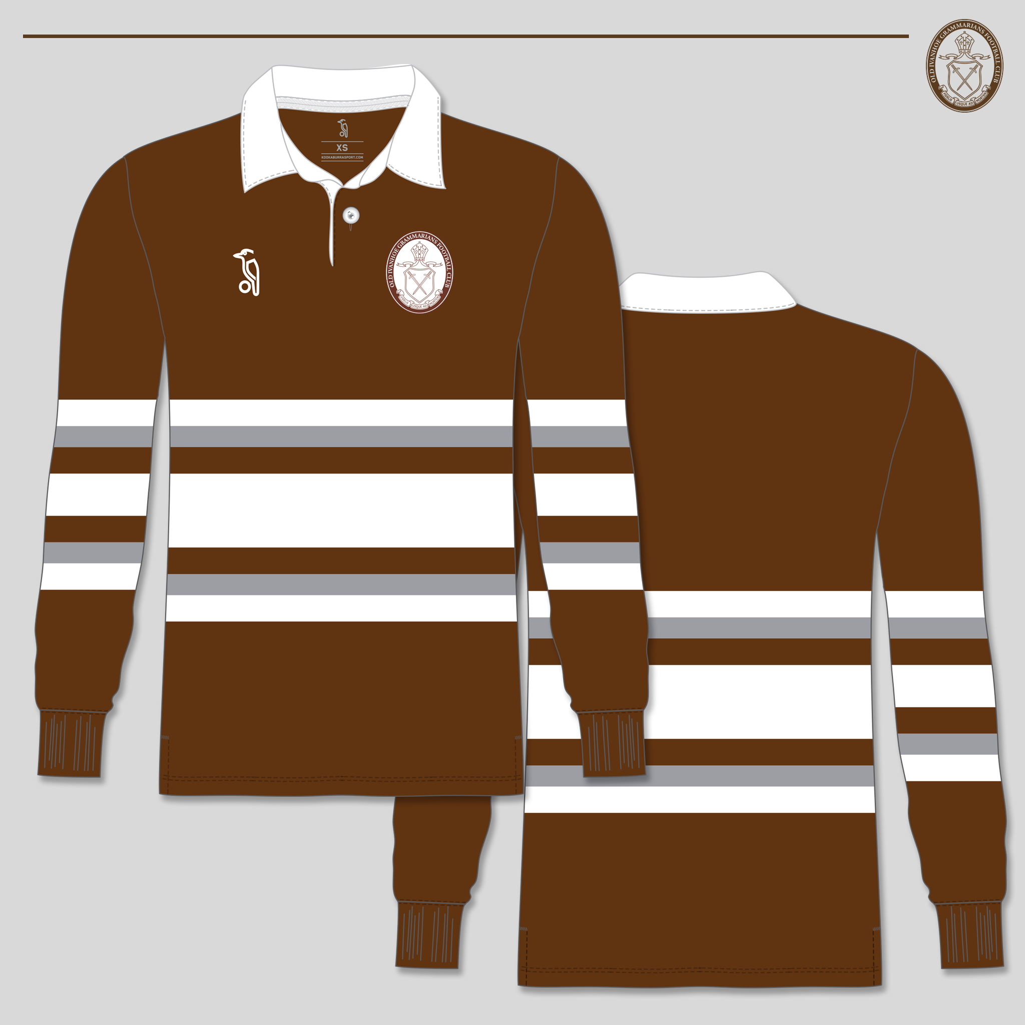 Traditional long-sleeve rugby jersey with a white collar. The design features thick horizontal hoops in chocolate brown, white, and grey.