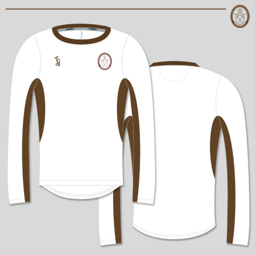 Long sleeve athletic shirt. The body is white, and the sleeves and shoulders are chocolate brown. Features the Old Ivanhoe crest on the left chest.