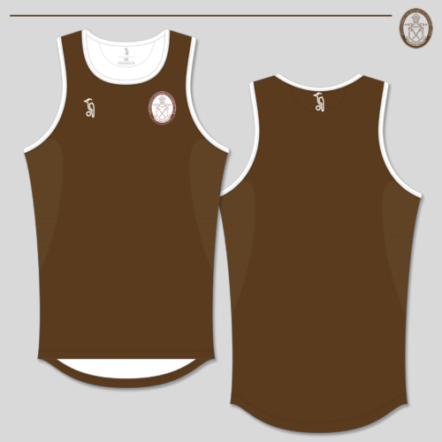 Sleeveless athletic singlet in chocolate brown. Features white trim binding around the neck and armholes, with the club logo on the left chest.